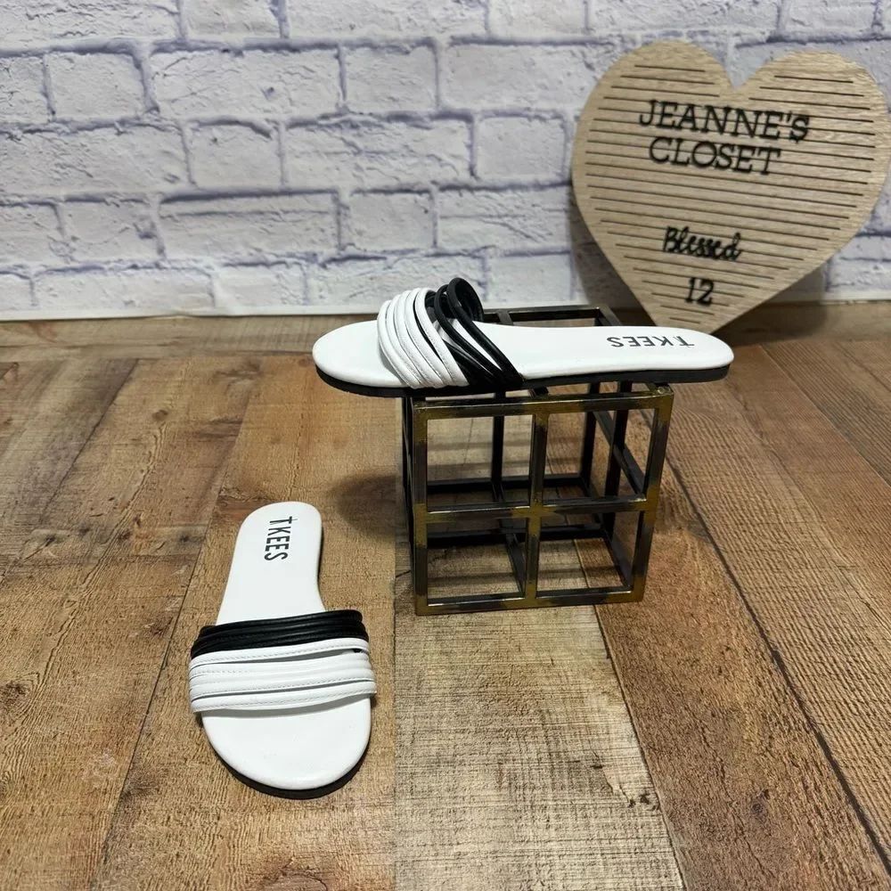 Tkees black and white, layered straps slide sandals
